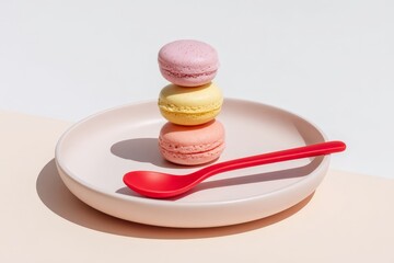 Stacked macarons on plate with red spoon against minimalist backdrop