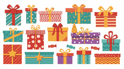 A colorful and festive collection of gift boxes and candies, featuring playful patterns and cheerful designs, perfect for celebrating the holiday season with joy and warmth