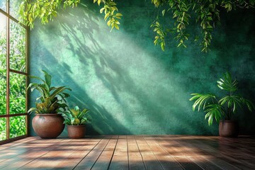 An empty room with a green wall and potted plants on a wooden floor creates a serene and natural atmosphere in this stock photo