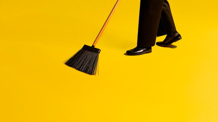 Man sweeping with broom against yellow background, concept of New Year cleaning and fresh start