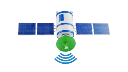 Futuristic Space Satellite with Blue Solar Panels and Green Antenna Transmitting Signals Against Black Background