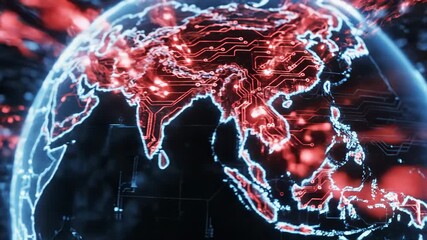 Digital globe with glowing red hotspots indicating global threat, cyber attack, or data breach concept - Powered by Adobe