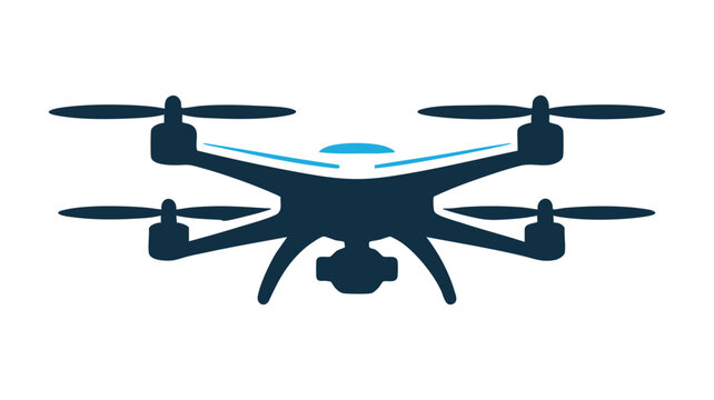 Minimalist design of a quadcopter drone with a camera in blue color against white backdrop