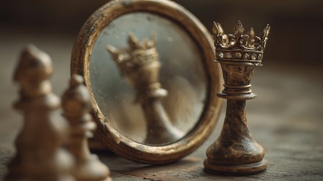 High quality image of ornate bronze chess queen reflected in a vintage, tarnished mirror.