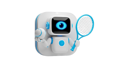 Futuristic White Robot with Glowing Blue Eye Holding Tennis Racket and Ball on Transparent Background