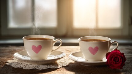 Fototapeta premium Steaming coffee cups with heart symbols and a red rose, celebrating love, romance, and valentine's day morning moments