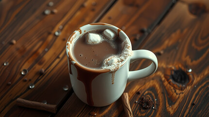 On the wooden table, there has been a cup of cocoa that has already gone bad, with marshmallows in it.