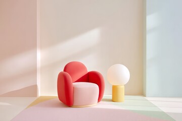 Modern minimalist living room with red lounge chair and artistic lighting