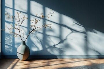 An empty modern room with a blue wall- a vase with a branch- and wooden parquet flooring provides a serene and minimalist backdrop for a variety of design and lifestyle concepts- with ample space for