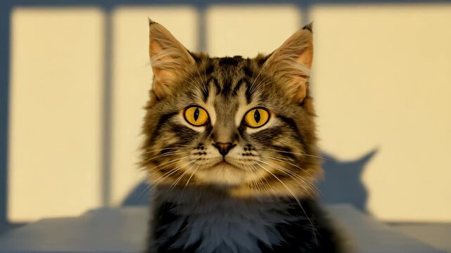 Tabby cat gazing at camera in window as golden hour fades to silhouette