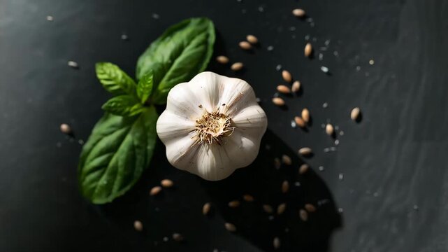 Overhead garlic bulb with basil and scattered seeds on dark background