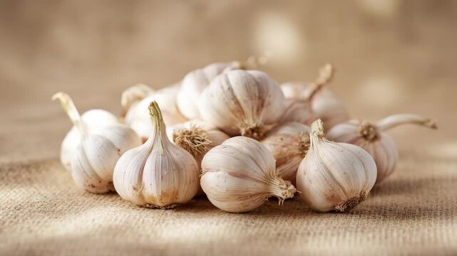 Slow camera pan over garlic bulbs on burlap rustic food still life