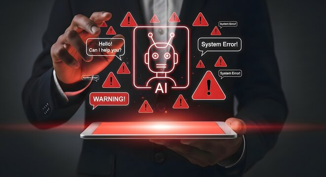 Ai chatbot error warning concept, system error with ai robot and digital technology interface