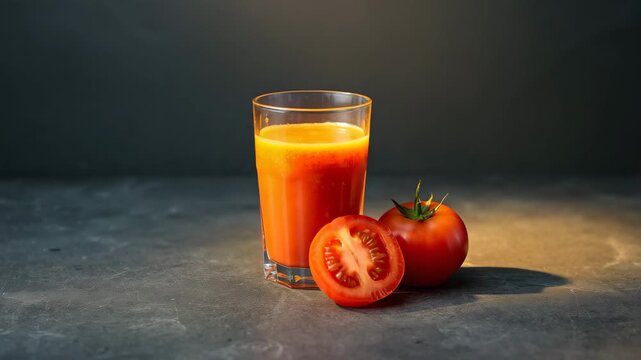 Glass of fresh tomato juice with whole and sliced tomatoes on dark studio background