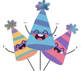 A delightful, whimsical illustration featuring three cheerful, colorful party hats celebrating together with their arms upraised, against a white background.