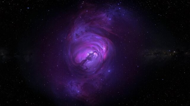 Cosmic gas cloud swirling in deep space with vibrant purple hues transitioning through stages of formation surrounded by starry backdrop and intricate textures revealing celestial patterns