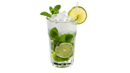 Refreshing mojito cocktail with lime slices and mint, isolated on white or transparent background. PNG