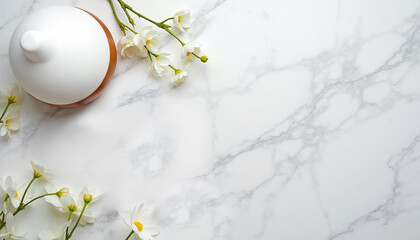 White marble background with white teapot and flower on elegant table. Flat lay concept for cosmetic, food advertisement, spa promotion, or product mock up.