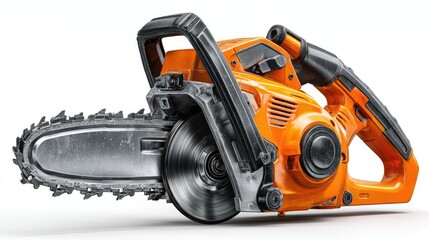Chainsaw Power Tool: A close-up shot of a powerful chainsaw, showcasing its robust design and sharp cutting blade. This tool represents efficiency, construction.