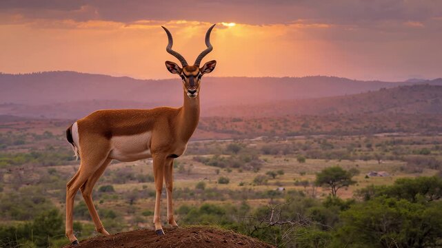 Elegant male antelope standing majestically on a mound during sunset showcasing striking antlers and warm-toned fur against a scenic landscape of rolling hills and soft twilight colors