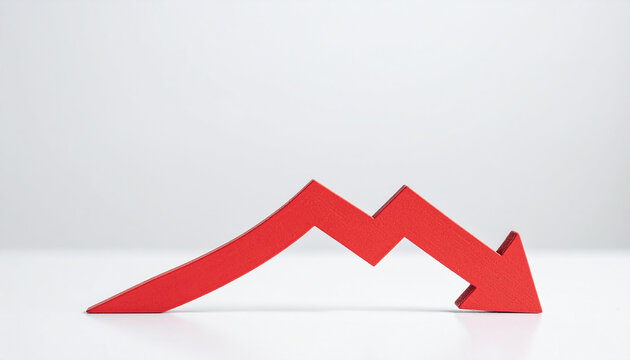 Red wooden arrow pointing downward on white. Business collapse, financial regression, decline.