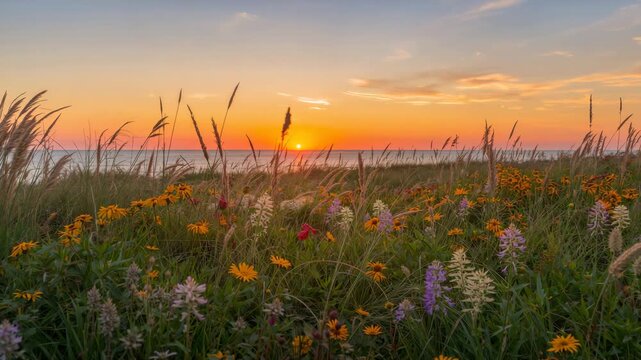 Vibrant wildflower meadow with colorful blooms swaying in the gentle breeze and golden sunlight illuminating the tranquil coastal sunset over the horizon