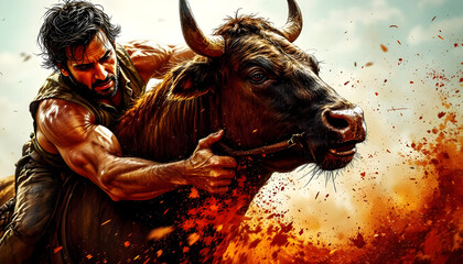 Intense action moment of muscular man wrestling powerful bull amid flying dust and energy
