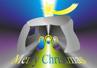 Christmas nativity scene in Grotto, Star of Bethlehem, silhouettes of Baby Jesus, Mary and Joseph - abstract colorful graphic with rays Wishes in English. Topics: card, gift, computer art, celebration