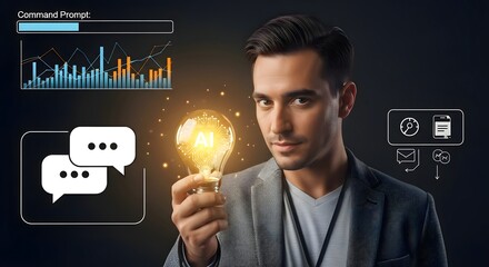 Ai technology concept: man holding lightbulb with ai, data analysis, and communication icons