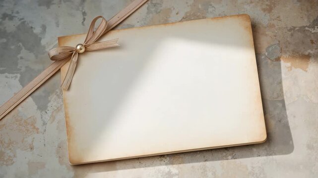 Elegant vintage blank greeting card with soft natural light and subtle shadows placed on textured stone surface featuring decorative ribbon and wooden accents