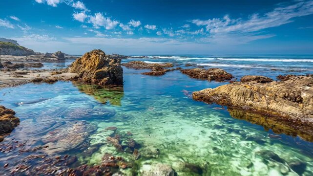Tropical beach with clear water and rocky formations for travel and vacation concept, sunny day landscape