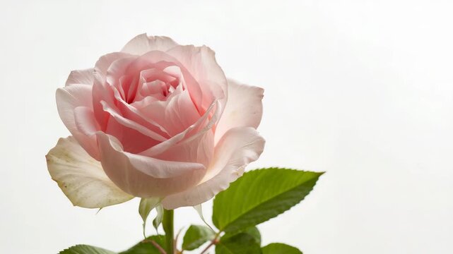 Close-up of a soft pink rose gently blooming against a light background showcasing lush green leaves and subtle light reflections that enhance the fine petals and delicate structure throughout the