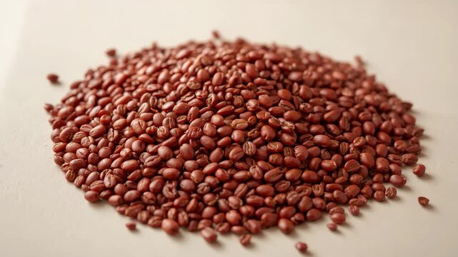 Close-up of red adzuki beans in a neat pile on a smooth surface showcasing their glossy texture under soft lighting with a minimalistic beige background throughout the video from start to finish