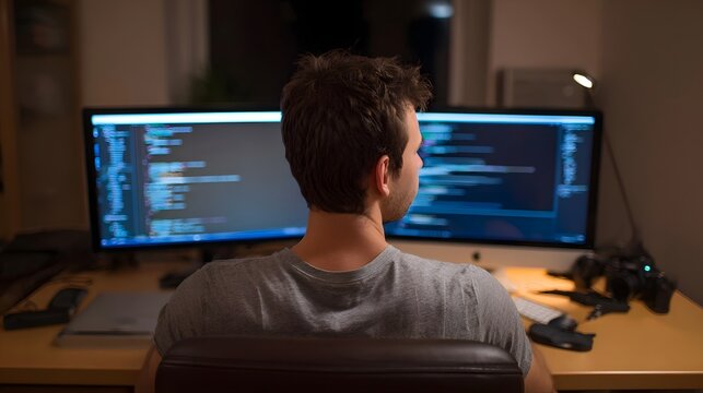 Over the shoulder view of a man deeply focused on programming his dual computer screens displaying lines of code in a dimly lit workspace at night