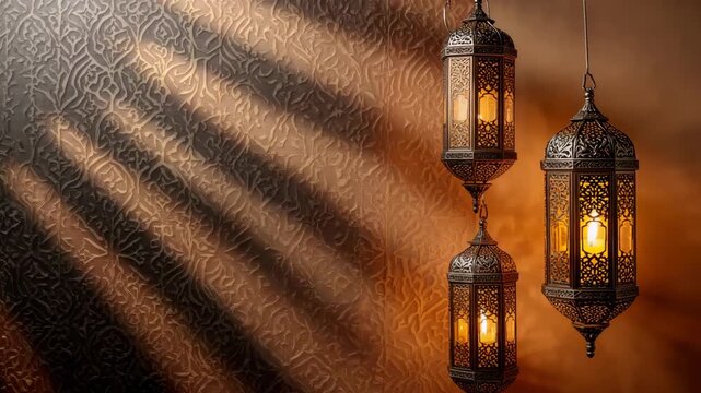 Three intricately designed hanging lanterns casting soft warm light against a textured ornate background with shadow patterns creating a visually appealing indoor setting