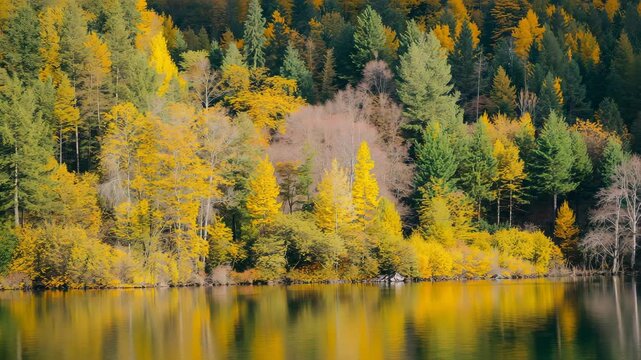 Vibrant autumn forest landscape with colorful trees reflecting on a calm lake showcasing changing foliage and serene water in natural soft light