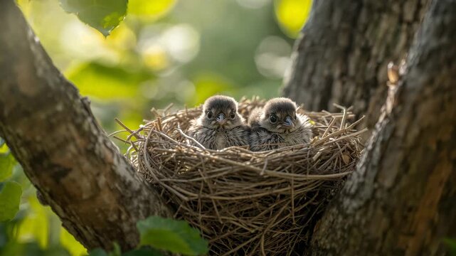 Close-up of two fluffy baby birds perched on a natural twig nest in a tree surrounded by soft natural light filtering through vibrant green leaves during daytime