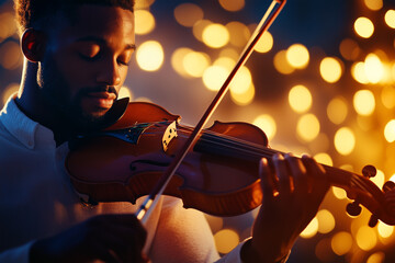 Fototapeta premium Musician plays the violin under shimmering lights at night