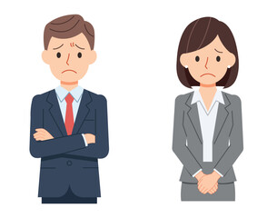 Worried Businessman and Businesswoman Illustration – Stress, Anxiety, Office Trouble Concept