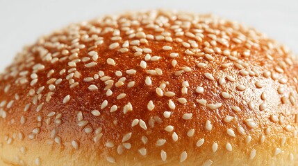 High quality image of close-up of a golden brown bun with sesame seeds.