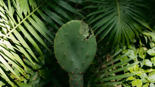 Close-up of a prickly pear cactus segment showing gradual color change in natural light surrounded by lush green tropical foliage with visible texture variations and details