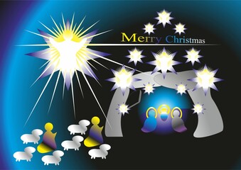Christmas nativity scene, shepherds with sheep and angels with rays and stars - abstract graphic with silhouettes of people, light and Wishes in English. Topics: card, gift, computer art, celebration