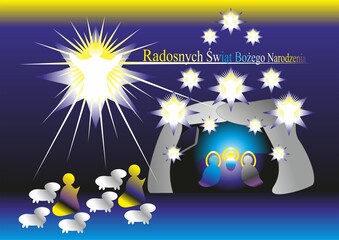 Christmas nativity scene, shepherds with sheep and angels with rays and stars - abstract graphic with silhouettes of people, light and Wishes in Polish. Topics: card, gift, computer art, celebration,