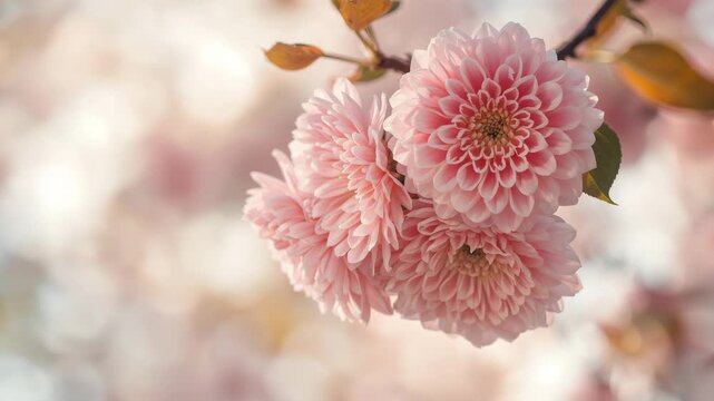 Close-up of soft pink dahlia flowers blooming gently on a branch showcasing intricate petal textures with blurred pastel background in warm natural light