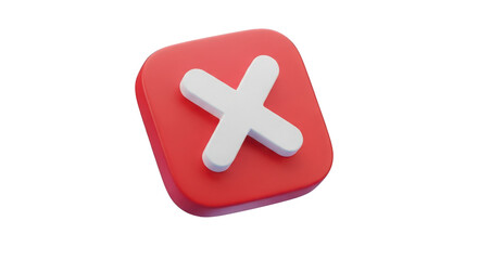 Obraz premium Red square button with a white X symbol in the center isolated on a transparent background
