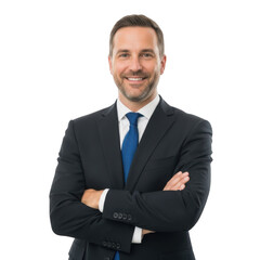 Confident businessman portrait smiling with arms crossed isolated on transparent background