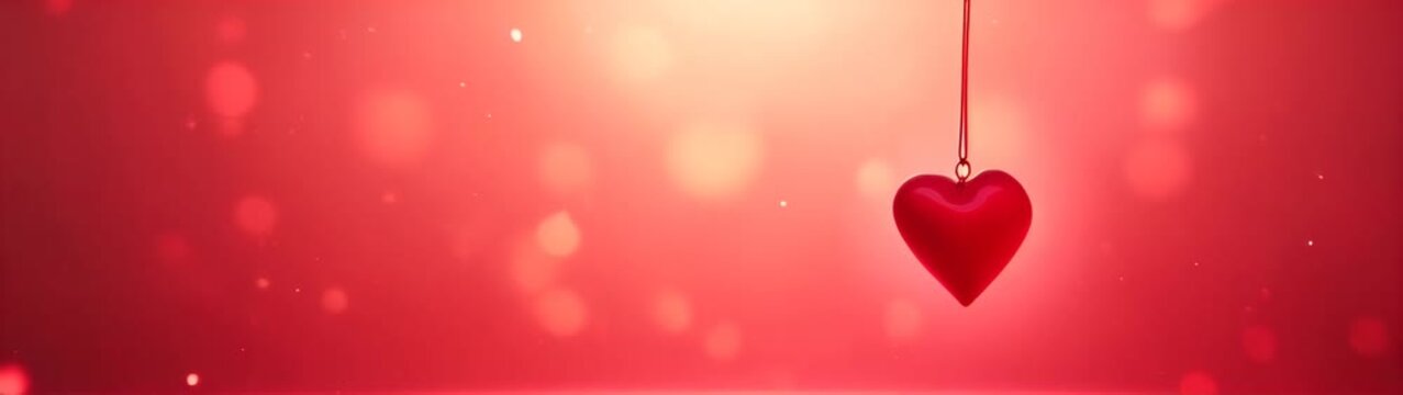 Red heart hanging from a string on a pink background