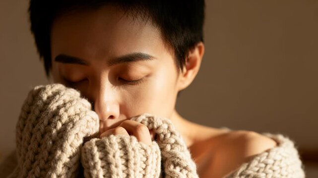 Woman with short hair closes her eyes and holds a chunky knit sweater close to her face in soft warm light, conveying calm and introspection, with empty background space available for text or design
