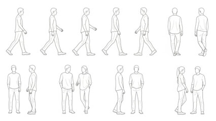 Collection of various people walking in different poses and outfits