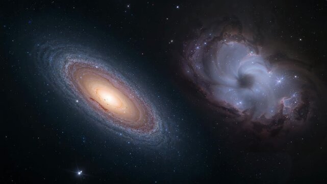 Stunning view of two spiral galaxies interconnected in space vibrant cosmic colors with swirling patterns dark star-studded backdrop enhances celestial beauty and vastness